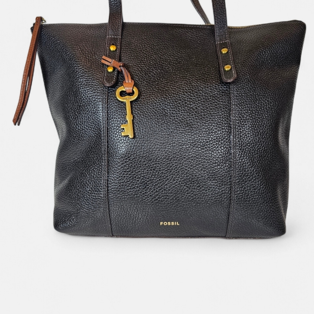  ✨ Fossil Jenna Black Pebbled Leather Tol Zip Tote Bag - EUC - Picture 3 of 9